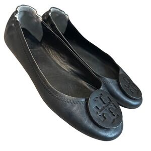 Tory Burch Mini Black Leather Ballet Flats Log Slip On Shoes Black Women 5M
